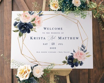 Floral Wedding Sign Template, Welcome Board Printable, Fully Editable, Instant download, Templett, Navy And Blush Roses, Geometric #vmt31a