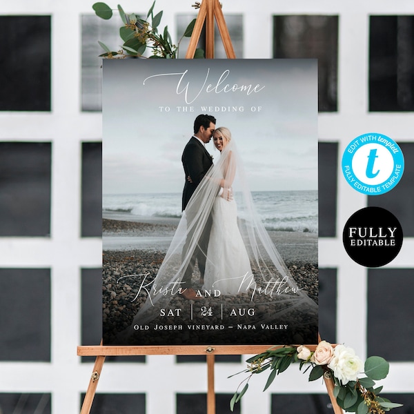 Photo Wedding Sign Template, Welcome Board Printable, Fully Editable, Instant download, Templett, Picture Poster, Elegant, Modern #vmt910