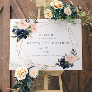 Floral Wedding Sign Template, Welcome Board Printable, Fully Editable, Instant download, Templett, Navy And Blush Roses, Geometric #vmt31a