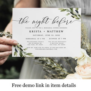 Instant Download Wedding Rehearsal Dinner Invitation, Self Edit Template, Printable, The Night Before, Greenery, Bohemian, Leaves DIY #vmt43