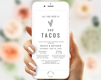 Heart Rehearsal Dinner Invite Template, Evite, Electronic Invitation, All You Need Is Love And Tacos, Phone, Templett, DIY Personalized #f26