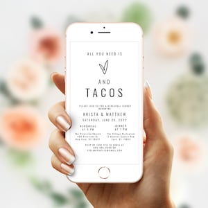 Heart Rehearsal Dinner Invite Template, Evite, Electronic Invitation, All You Need Is Love And Tacos, Phone, Templett, DIY Personalized #f26