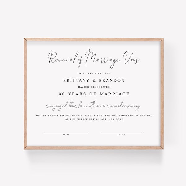 Simple Vow Renewal Ceremony Certificate Template, Renewal Of Marriage Vows, Wedding Keepsake, 100% Editable Text, Instant Download #vmt710