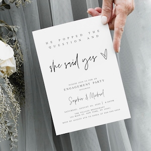 Printable Wedding Engagement Party Invitation Template, Fully Editable, He Asked She Said Yes, Templett Invite, Casual, Heart, Simple #f24