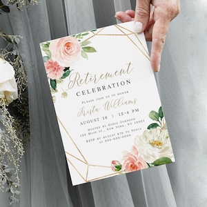 Retirement Celebration Invitation, Self Edit Template, Invite For Men Or Women, Edit With Templett, Customize, Downloadable, Blush #vmt423