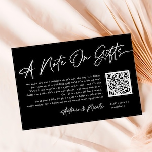 Zwarte insteekkaart uitnodiging, zwarte kaart 'A Note On Gifts', zwarte uitnodigingskaart voor huwelijksreis met QR-code, kaart #f38