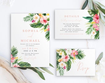 Plantilla de invitación de boda hawaiana, Pruébelo antes de comprar, 100% editable, DIY Templett, Paquete de invitación, Confirmar asistencia, Detalles, Floral tropical #vmt34