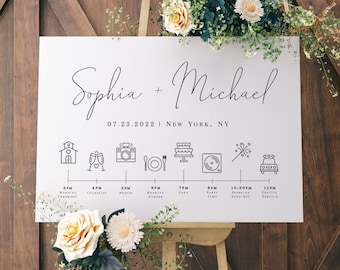 Placa de boas-vindas simples com nome, modelo de pôster de cronograma de casamento com ícones, ordem do dia, agenda, programação de eventos, infográfico faça você mesmo #vmt710