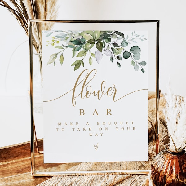 Greenery Gold Flower Bar Sign Template, Build Your Bouquet, Wedding Flower Favors, Bridal Decor, Baby Shower, Custom, Self-Editing DIY #c61