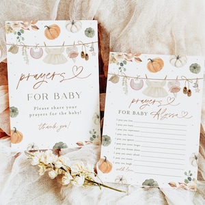 Plantilla de letrero para oraciones por un bebé, tarjeta y letrero imprimible para oraciones por un bebé, tarjeta de buenos deseos para un baby shower de calabaza, tarjeta de oraciones por un bebé #ct86