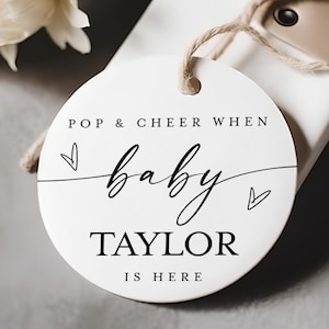 Pop And Cheer When Baby Is Here, Round Mini Champagne Favor Tags, Pop And Cheer Baby Shower Tag Editable, Printable, Edit With Templett #f37