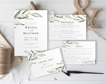 Templett wedding invitations suites Olive Greenery Branch 100% Editable templates invite Instant download Printable Mediterranean #vmt3113