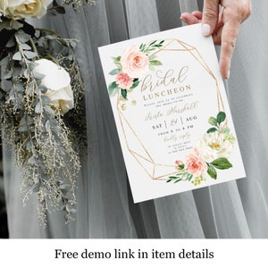 Floral Bridal Luncheon Invites, 100% Editable Template, Download Shower Invitation, Pale Pink, Blush White, Gold, Romantic, Pastel #vmt423