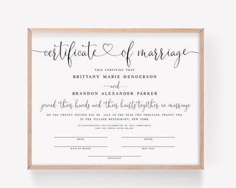 Romantic Certificate Of Marriage Template, Printable Keepsake, DIY Personalized Wedding Gift, Landscape, Boho, Bohemian, Heart, Unique #f23