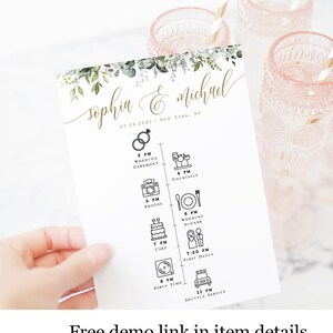 Download tijdlijnsjabloon, evenementenschema, afdrukbaar, tijdlijn bruiloftsfeest, Templett, hotelwelkom, reisplan, groen goud #c61