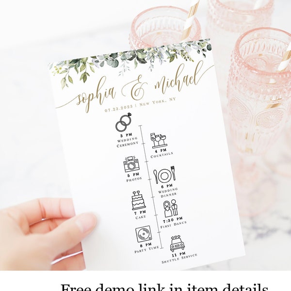 Download Timeline Template, Schedule Of Events, Printable, Wedding Party Time Line, Templett, Hotel Welcome, Itinerary, Greenery Gold #c61