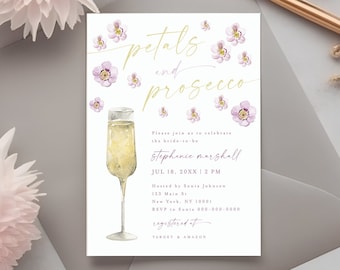 Petals And Prosecco Bridal Shower Invitation, Boho Invitation, Wildflower Bridal Invite, Wild Flower Petals And Prosecco Invitation #c74