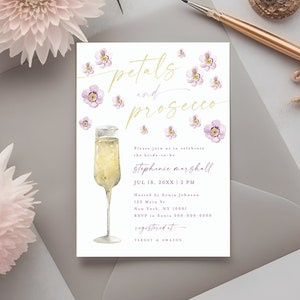 Pétalos y invitación de despedida de soltera de Prosecco, invitación boho, invitación de novia de flores silvestres, pétalos de flores silvestres e invitación de Prosecco c74 imagen 1