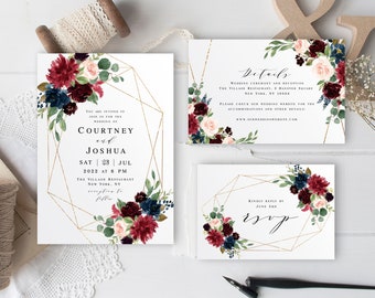 Template Wedding Invitation Suite, Fully Editable Text, Printable Invite, RSVP, Details Insert, Boho Floral Merlot, Burgundy Blush #vmt318