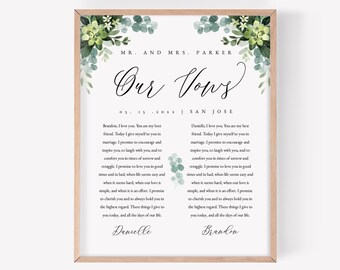 Calligraphy Wedding Vows Sign Template, Keepsake Wall Art, Marriage Poster, Decor, Mr And Mrs, Personalized, Succulent, Greenery #vmt4121