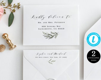 Olive Branch Wedding Envelope Template, With Return Address, Addressing, Kindly Deliver To, Fully Editable, Printable, Italy Leaves #vmt3115