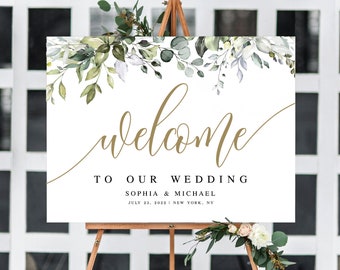 Greenery Gold Wedding Sign Template, Templett, Welcome Board Printable, Fully Editable, Instant download, Custom, Eucalyptus, Bohemian #c61