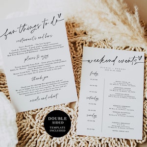 Cartão de casamento minimalista, modelo de itinerário, coisas divertidas para fazer, carta de boas-vindas, experimente antes de comprar, digital, bolsa de boas-vindas #f38