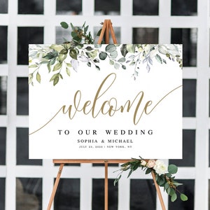 Greenery Gold Wedding Sign Template, Templett, Welcome Board Printable, Fully Editable, Instant download, Custom, Eucalyptus, Bohemian #c61