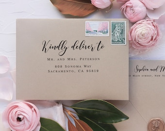 Simple Rustic Wedding Envelope Template, With Return Address, Calligraphy Addressing, A7, A1, Editable, Templett, Kindly Deliver To #vmt510