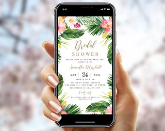 Bridal Shower Evite, Electronic Invitation Template, Text Message Invite, Cell Phone, iPhone, Gold Tropical Floral, 100% Editable DIY #vmt34