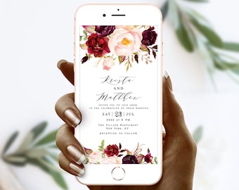 Marsala And Blush Wedding Evite, Electronic Invitation Template, Text Message Invite, Instant Download, Fully Editable, Calligraphy #vmt42