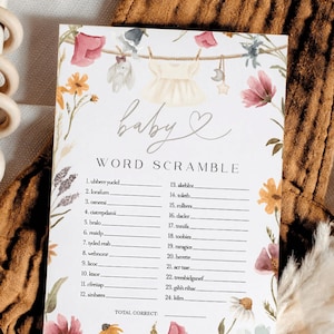 Word Scramble Game, Wildflower Baby Shower Word Scramble with Answer Key, Baby Word Jumble Game, Baby Word Scramble Game, Word Puzzle #c82