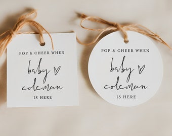 Pop And Cheer Baby Shower Tag, Round Mini Champagne Favor Tags, When Baby Is Here, Thank You Favor Tags, 100% Editable, Templett Custom #f35