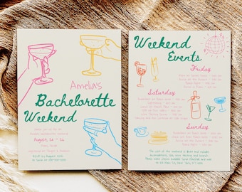 May include: A colourful invitation for a hen do weekend with a list of events for Friday, Saturday and Sunday. The invitation includes the name Amelia's Bachelorette Weekend, the dates August 24-26, and an RSVP deadline of August 30th. The invitation also includes a phone number to contact for more information.