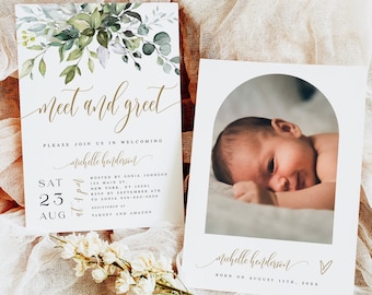 Meet & Greet Invitation, Sip And See, Welcome Baby Invite, New Baby Party Invite, Photo, Meet Our Baby, Boy or Girl, Greenery Gold Boho #c61
