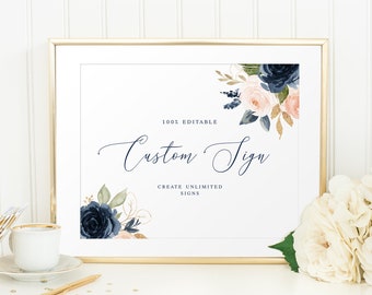 Printable Wedding Sign Personalized, Table Top Decor, DIY Custom, Calligraphy, Customized Poster, Portrait & Landscape, Navy Floral #vmt31a