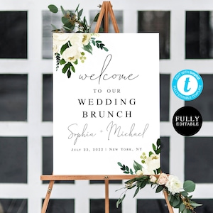Floral Wedding Brunch Welcome Sign, Fully Editable Template, Unlimited DIY, Watercolor, Templett 18x24, 24x36 poster, White, Garden #vmt33