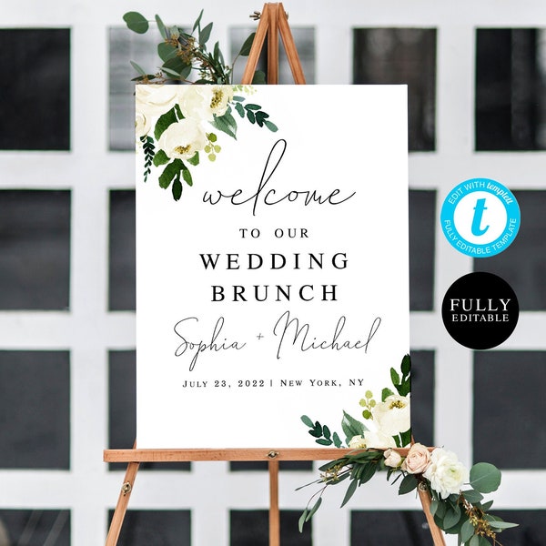 Floral Wedding Brunch Welcome Sign, Fully Editable Template, Unlimited DIY, Watercolor, Templett 18x24, 24x36 poster, White, Garden #vmt33