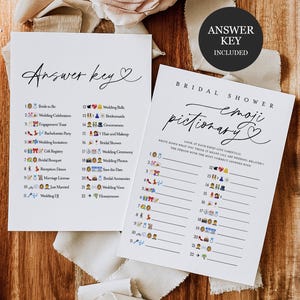 May include: A printable bridal shower game with an answer key. The game is called "Emoji Pictionary" and features a list of 22 wedding-related terms with corresponding emojis. The game instructions are to look at each emoji carefully and write down what you think it means. The person with the most correct answers wins.