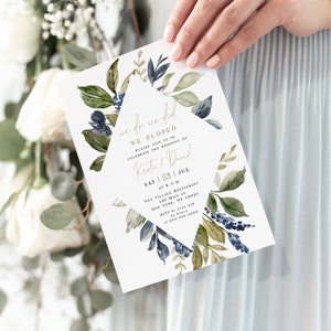 Greenery Invitation Template, We do, We did, We eloped, Self-Editing, Digital, Templett, Unlimited Invites, Navy Blue, Gold, Forest #vmt31a