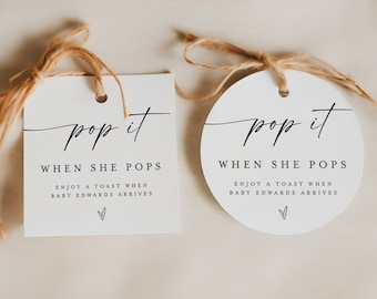 Pop And Cheer When Baby Is Here, Round Mini Champagne Favor Tags,  Pop It When She Pops, Pop And Cheer Baby Shower Tag, Fully Editable #f37