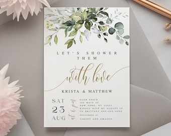 Greenery Geometric Invitation, Lets Shower Them With Love, 100% Editable, Wedding Couples, Instant download invite Templett Digital #c61