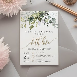 Greenery Geometric Invitation, Lets Shower Them With Love, 100% Editable, Wedding Couples, Instant download invite Templett Digital c61 image 1