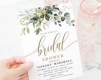 Greenery Gold Bridal Shower Invitation, 100% Editable, Instant Download Invite, Self-Editing, Printable, Templett, Bohemian, Eucalyptus #c61