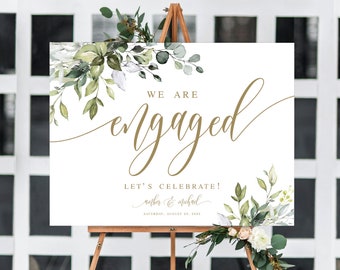 Greenery Gold Engagement Sign, Edit With Templett, Fully Editable Template, Welcome Printable, Party Poster, Instant Download, Boho DIY #c61