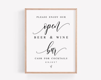 Templett Wedding Open Bar Wine And Beer Sign Template, Cash Cocktails, Event, Rehearsal Dinner, Engagement Party, Vow Renewal, Heart #f27