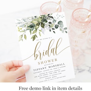 Greenery Gold Bridal Shower Invitation, 100% Editable, Instant Download Invite, Self-Editing, Printable, Templett, Bohemian, Eucalyptus #c61