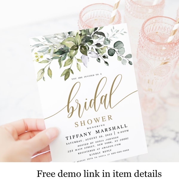 Greenery Gold Bridal Shower Invitation, 100% Editable, Instant Download Invite, Self-Editing, Printable, Templett, Bohemian, Eucalyptus #c61