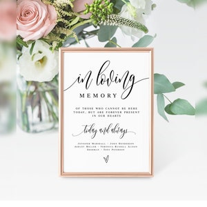 以下が含まれることがあります： ローズゴールドのフレームと白い背景の印刷可能なサイン。テキストは装飾的な筆記体で「愛する記憶に」と書いてあります。テキストは「今日ここにいられない人々ですが、私たちの心の中に永遠に存在します。今日そして永遠に。」と続きます。テキストの下には名前のリストがあります。