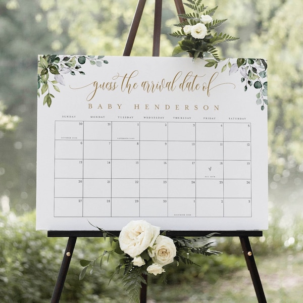 Baby Due Date Calendar Game Template, Baby Shower Prediction, Guess Baby Birth Date, Try Before You Buy, Arrival Date, Greenery Gold #c61